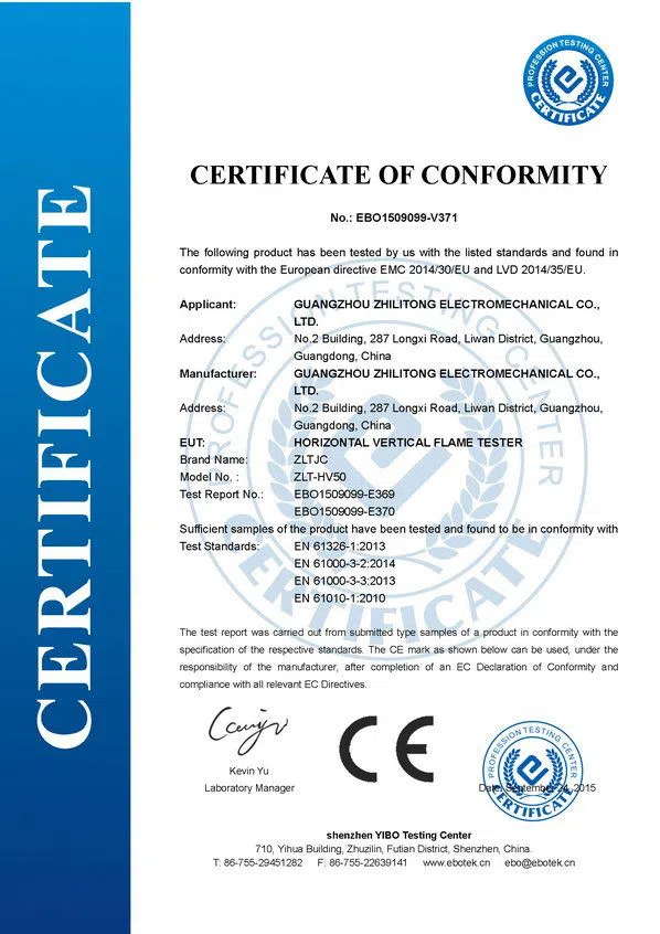 CE Certificate for Horizontal Flammability Tester