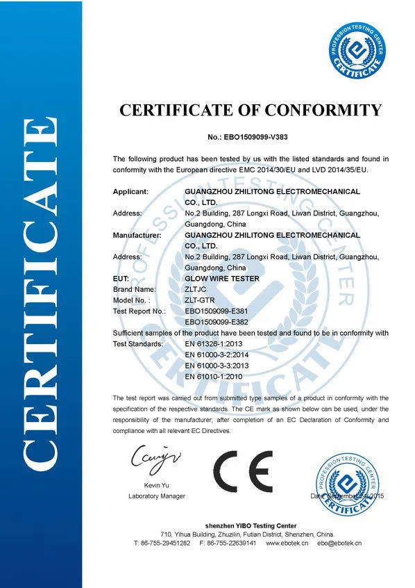 CE Certificate for Glow Wire Test Apparatus