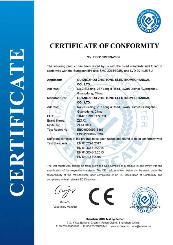 CE Certificate of Tracking Index Tester